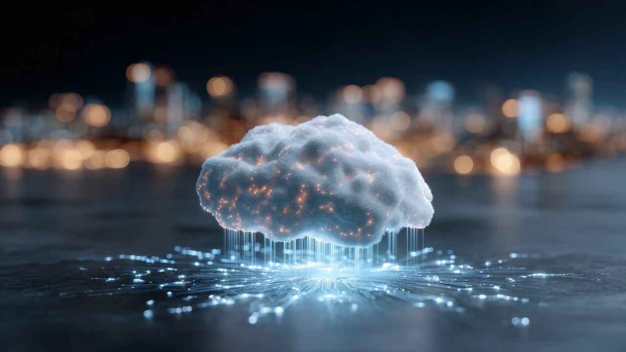 A Floating Cloud of Data: Exploring the Intersection of Technology and Nature with Illuminated Cloud Representing Information Flow and Connectivity in a Digital Landscape