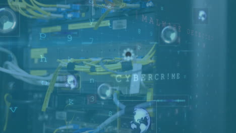Animation of cyber security data processing against close up of a computer server