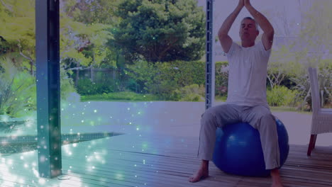 animación de puntos de luz sobre un hombre caucásico anciano practicando yoga y meditando
