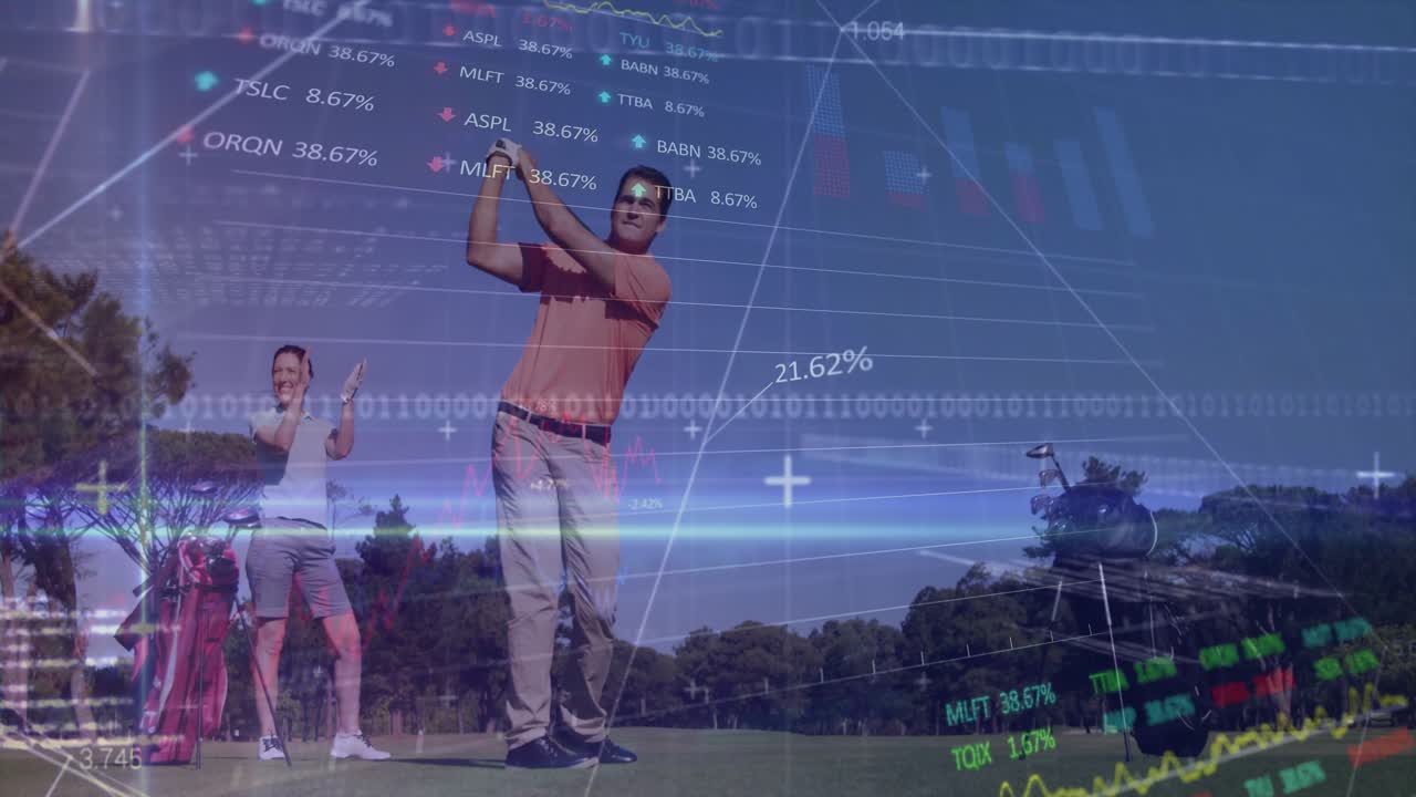 Golf pair initiating swing by gripping driver, sending ball with flight trail and earning applause