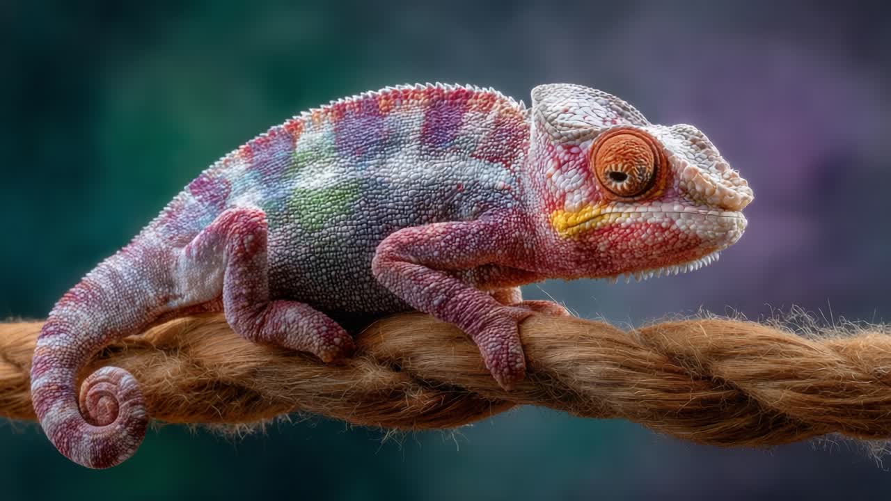 A Close-Up View of a Colorful Chameleon Perched on a Twisted Rope, Showcasing its Unique Skin Patterns and Vivid Colors Against a Soft Background