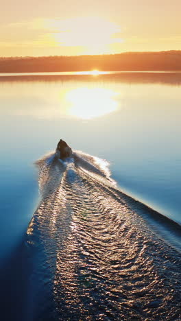 motor boat floating on the river at sunset. path on water after motion of motor boat on the background of a setting sun. vertical video