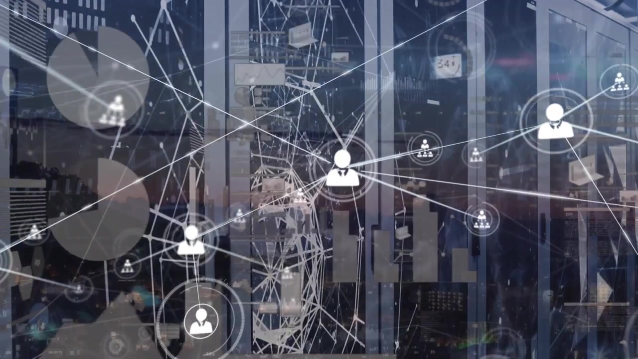 Digital Network Connections Overlaid on Server Room Background