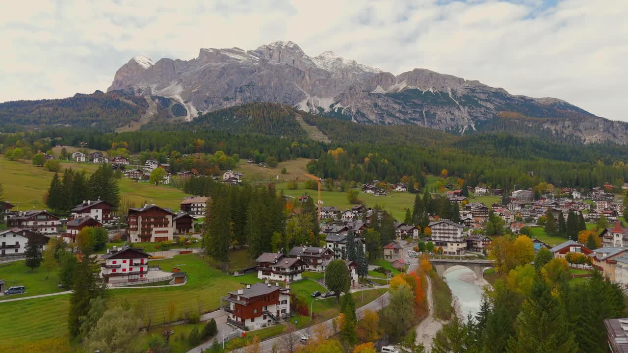 Aerial View of a Picturesque Alpine Village in the Dolomites Mountains