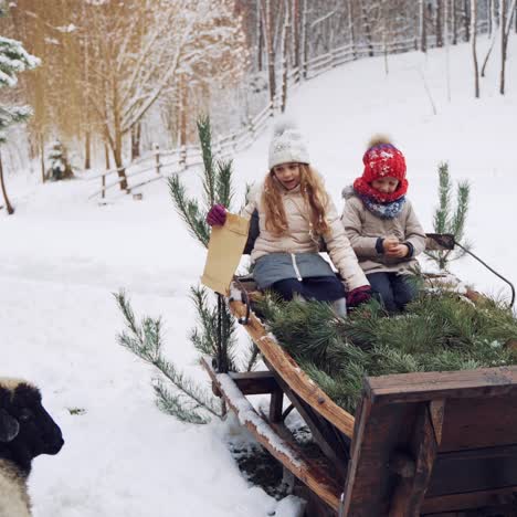 children on sled of santa claus