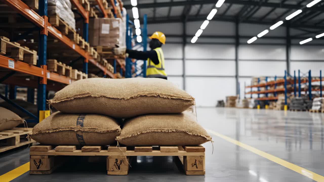 Warehouse interior with sacks and worker loading boxes