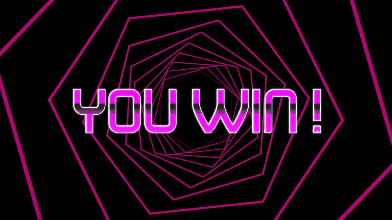 보라색은 검은색 배경에 원활한 움직임으로 회전하는 분홍색 육각형에 대한 텍스트를 승리