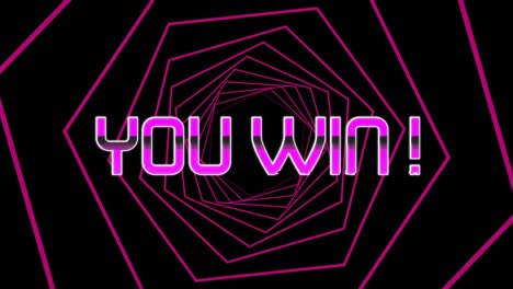 Purple-you-win-text-against-over-pink-hexagons-spinning-in-seamless-motion-on-black-background