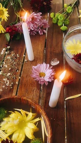 floral altar with candles and crystals