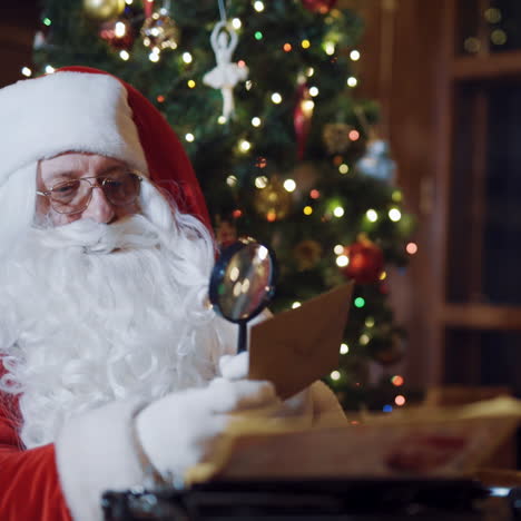 santa claus is looking on envelope through the magnifying glass. christmas tree background and santa with white beard is reading the address on the envelope. christmas time.