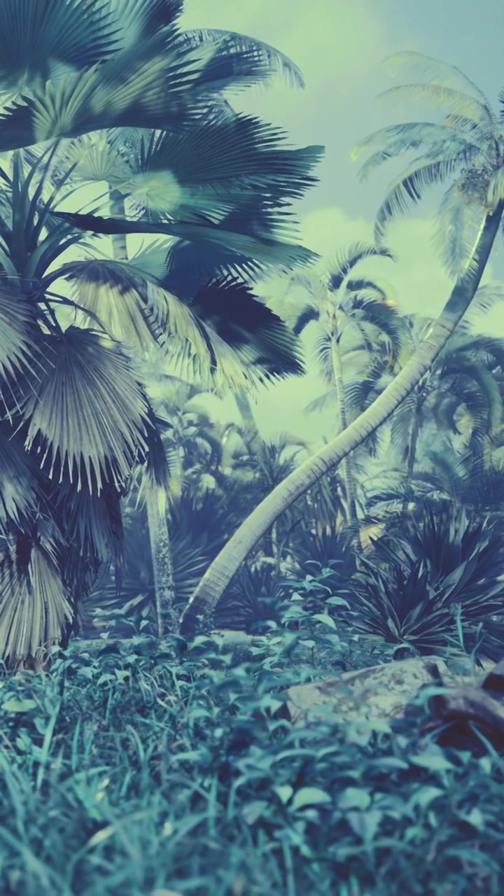 Le palme crescono in un'area tropicale con vegetazione lussureggiante e un cielo luminoso.