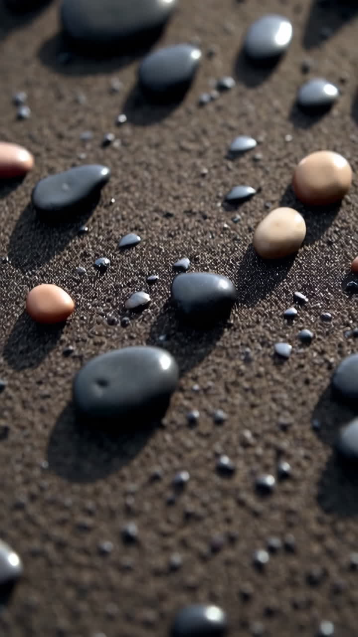 Close-up view of wet stones on dark sand