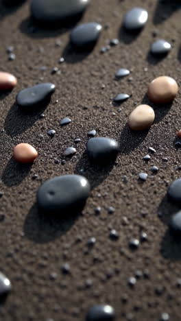 close-up view of wet stones on dark sand