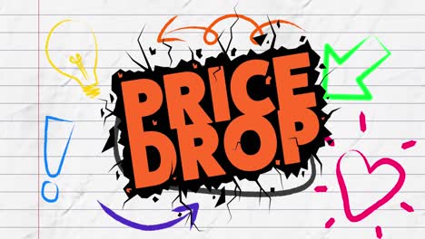 Animation-of-price-drop-text-in-orange-with-icons-on-ruled-paper