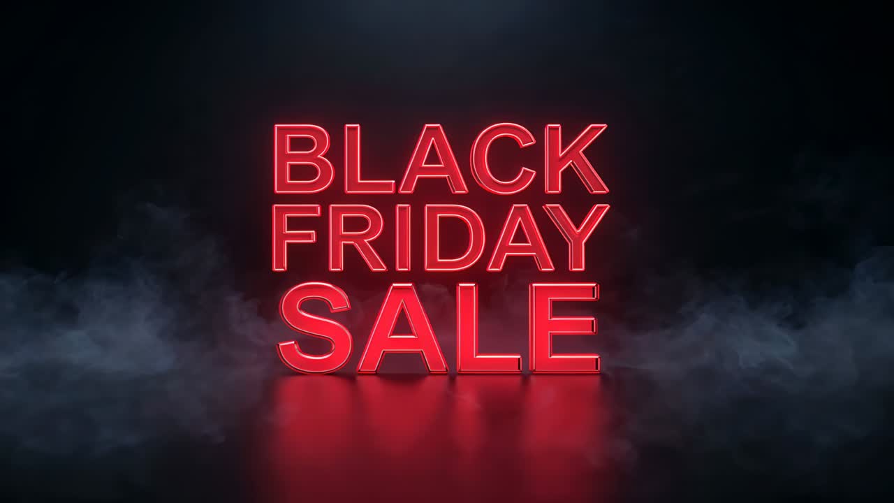 Activating fog machines, neon sign reading BLACK FRIDAY SALE glowing on glossy floor for promotion