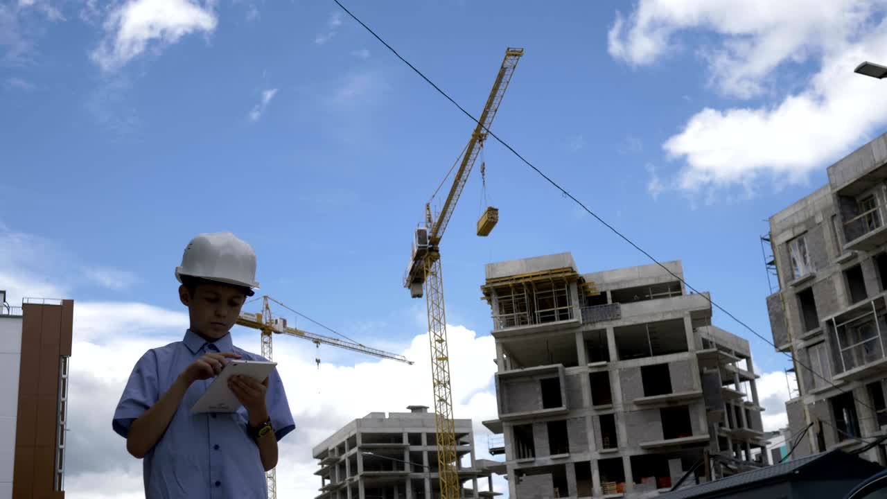 niño constructor se encuentra entre grúas constructor usando tableta, niño juega un constructor