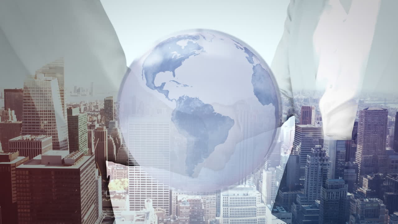 세계가 도시 풍경에 손을 흔드는 사업가와 사업가의 중간 부분을 통해 애니메이션