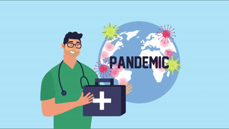 doctor with covid19 particles and earth planet