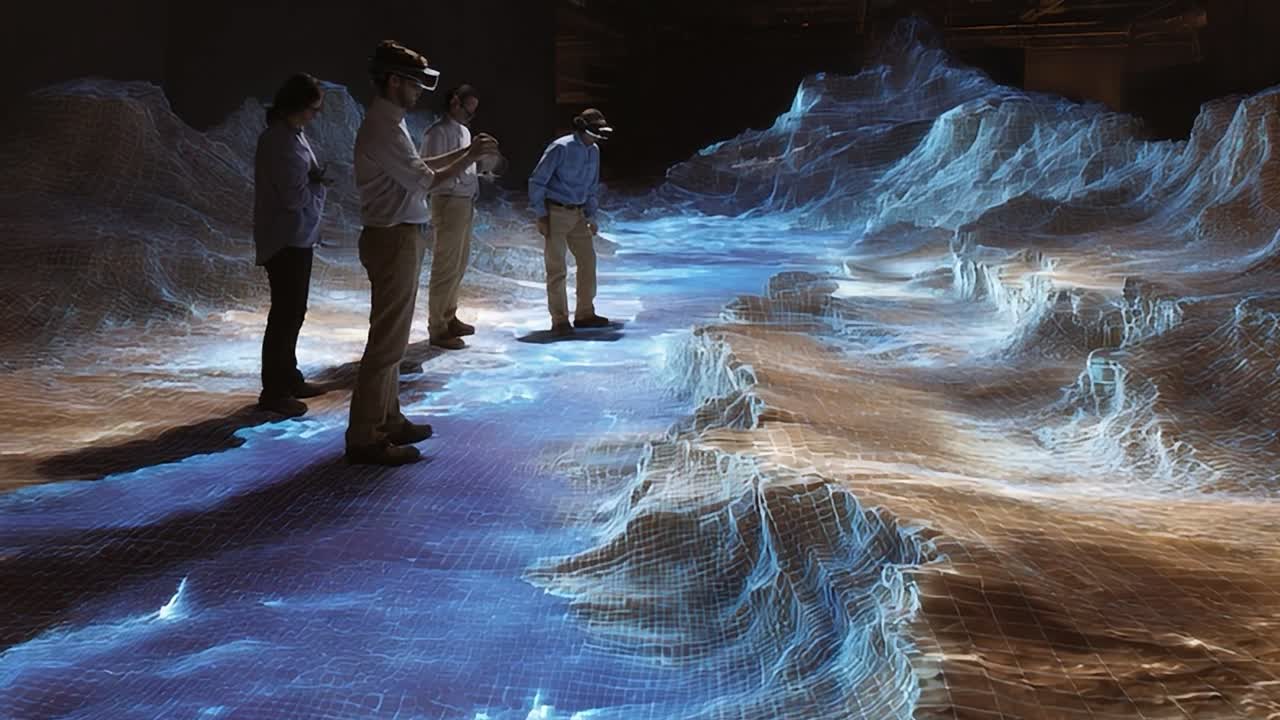 Esploratori della realtà virtuale interagiscono con un paesaggio in rendering in 3D a una mostra tecnologica
