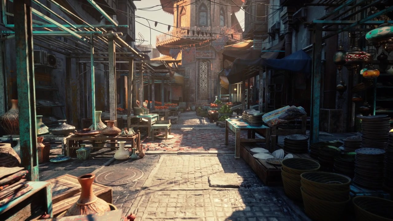 Serene morning scene showcasing traditional store fronts and textured surfaces