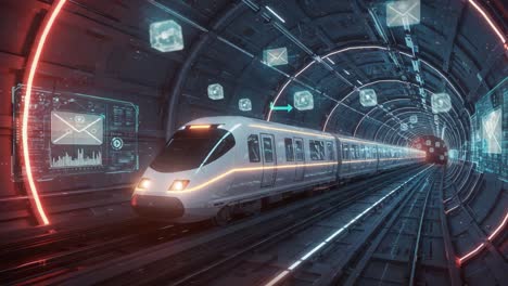 futuristic high-speed train traveling through a digital tunnel, featuring neon lights and holographic displays for innovative transportation