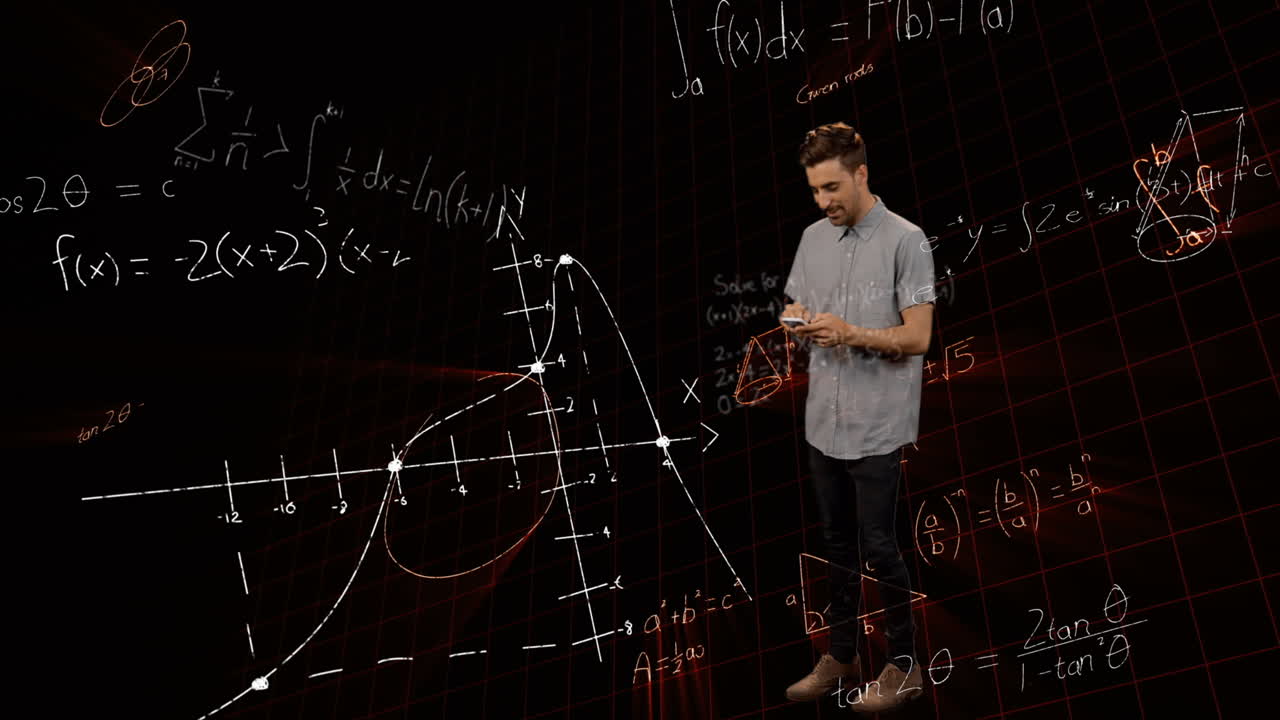 검은 바탕에 스마트 폰을 사용하는 백인 남성에 대해 떠다니는 수학 방정식