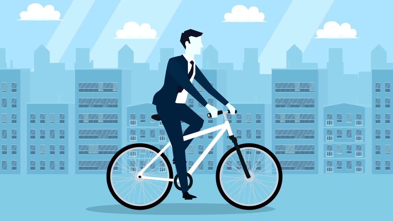 파란 스타일 사업가 자전거 타는 평평한 만화 캐릭터 애니메이션