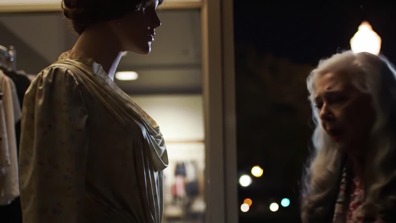 A Haunting Encounter: The Emotional Connection Between an Elderly Woman and a Mannequin Under Night Lights
