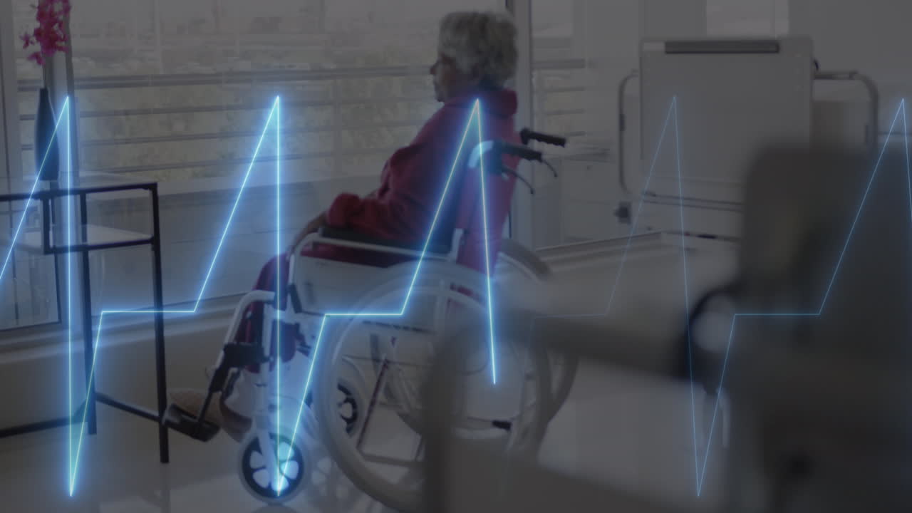 체어에 앉은 두 인종의 고령 여성 환자에 대한 심장 촬영 애니메이션