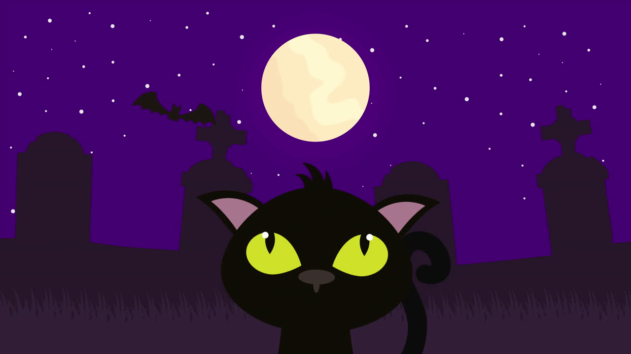 escena oscura de halloween con gato en el cementerio