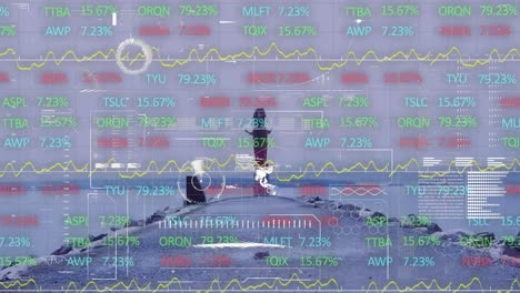 animation of statistics and financial data processing over landscape
