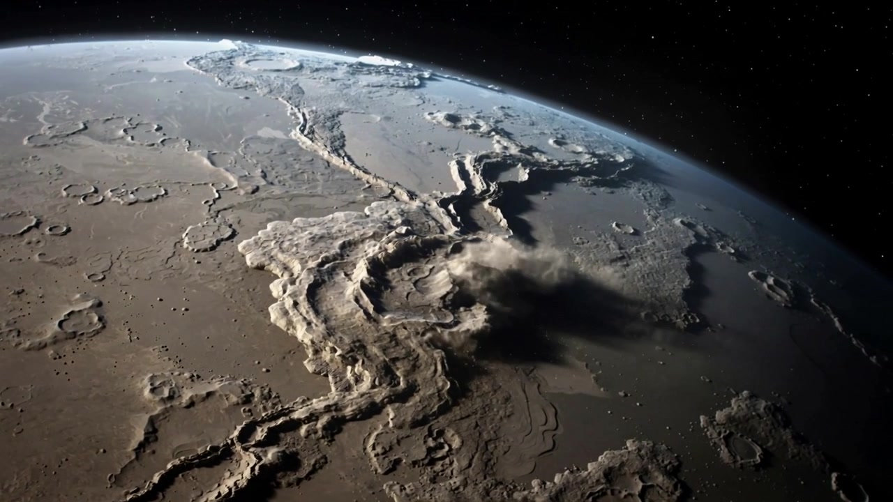 Canyon sinuoso e ondeggiante che rilascia una colonna di polvere attraverso la superficie craterizzata di un pianeta, vicino al bordo e a un campo stellare.
