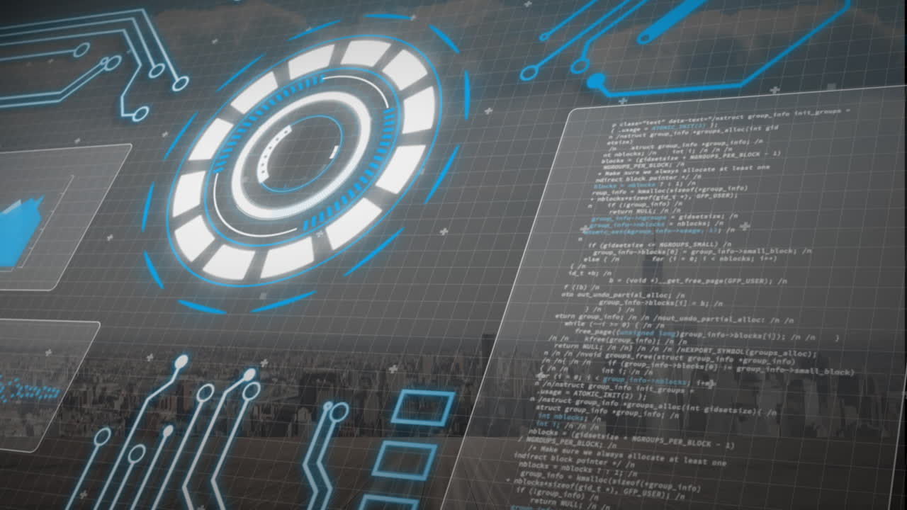 animación del reactor de arco, gráficos y lenguaje informático sobre vista aérea de la ciudad moderna contra el cielo