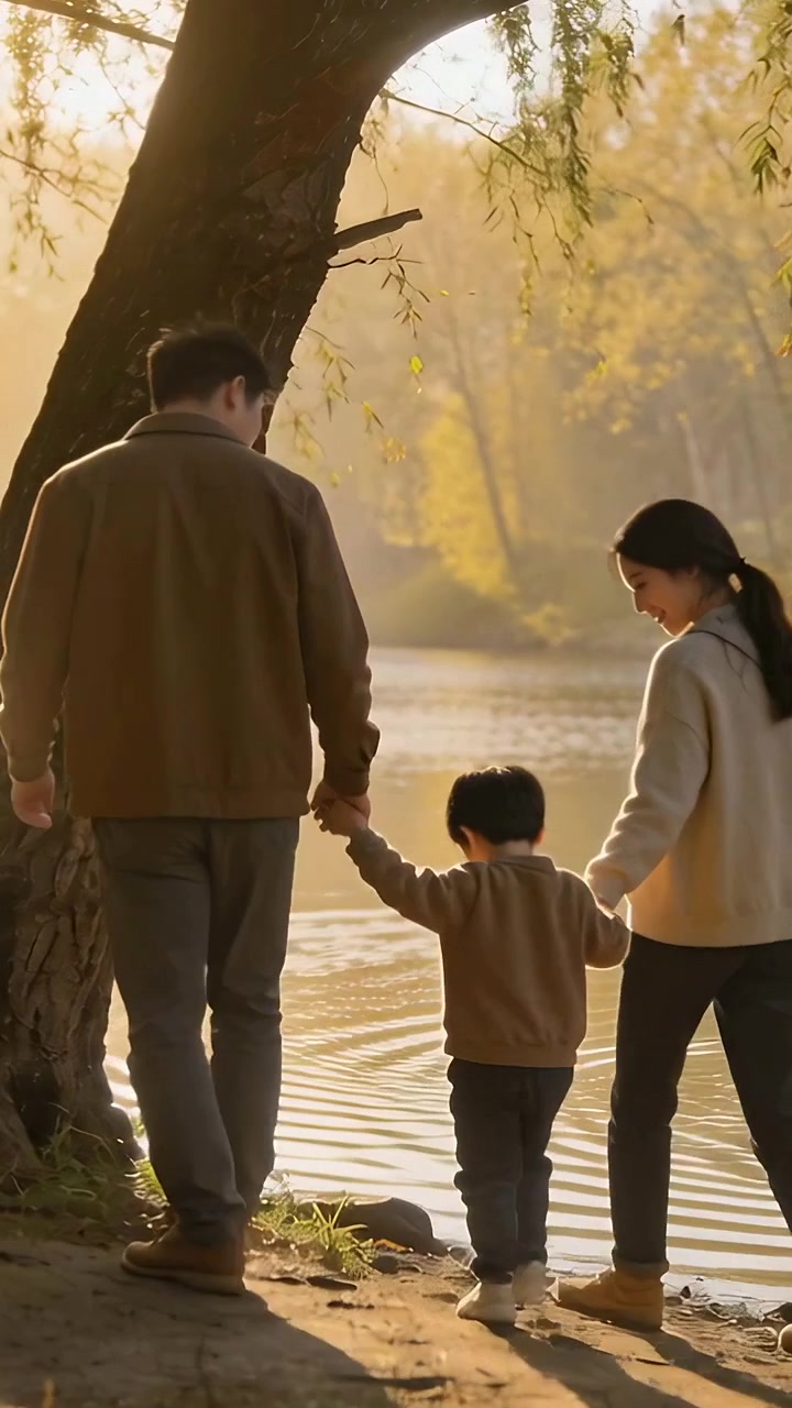 Video dọc: Đứa trẻ bước vào nước, cha mẹ đi ủng nắm tay hướng dẫn từng bước bên hồ