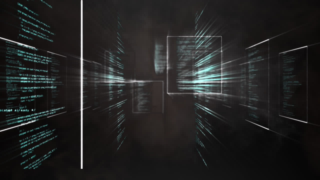 Animation of tunnel with data processing on black background