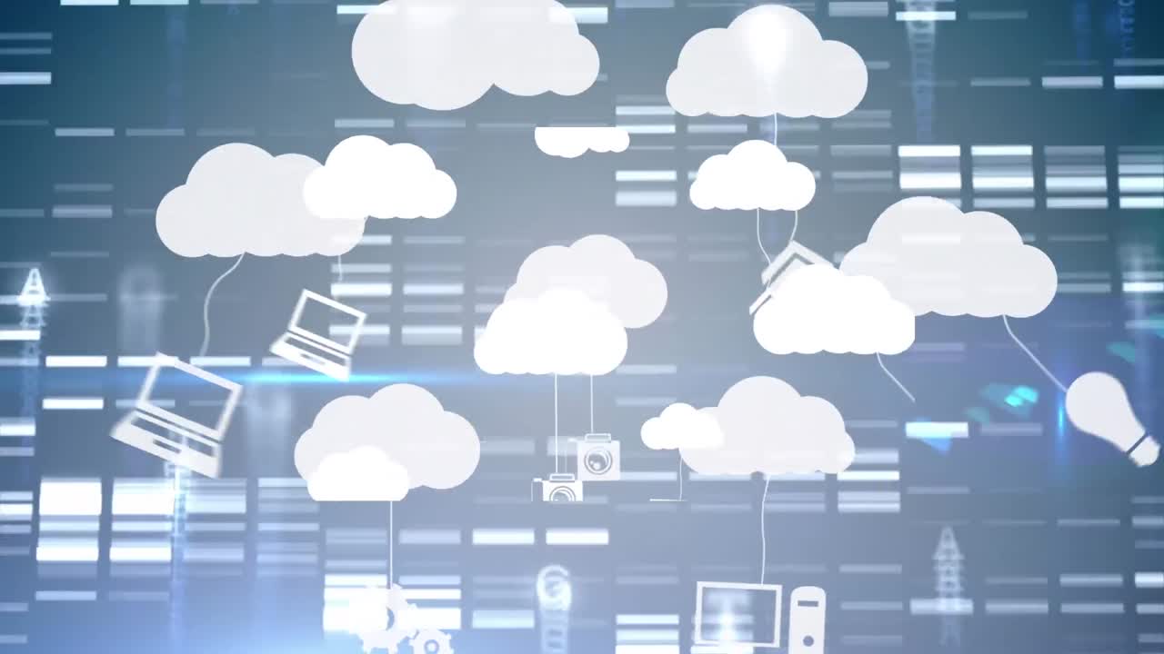 Animation of clouds with icons over moving columns and letters