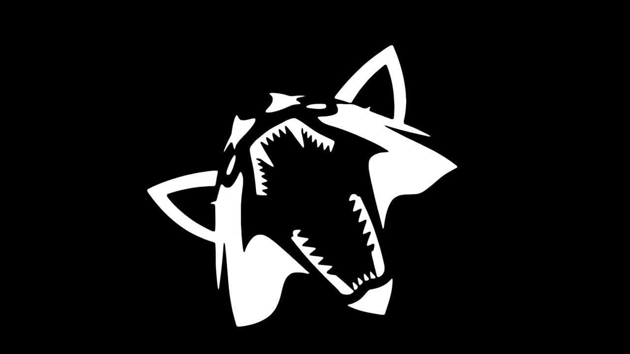 Animeret hvidt rævehovedlogo, der snerrer på sort baggrund