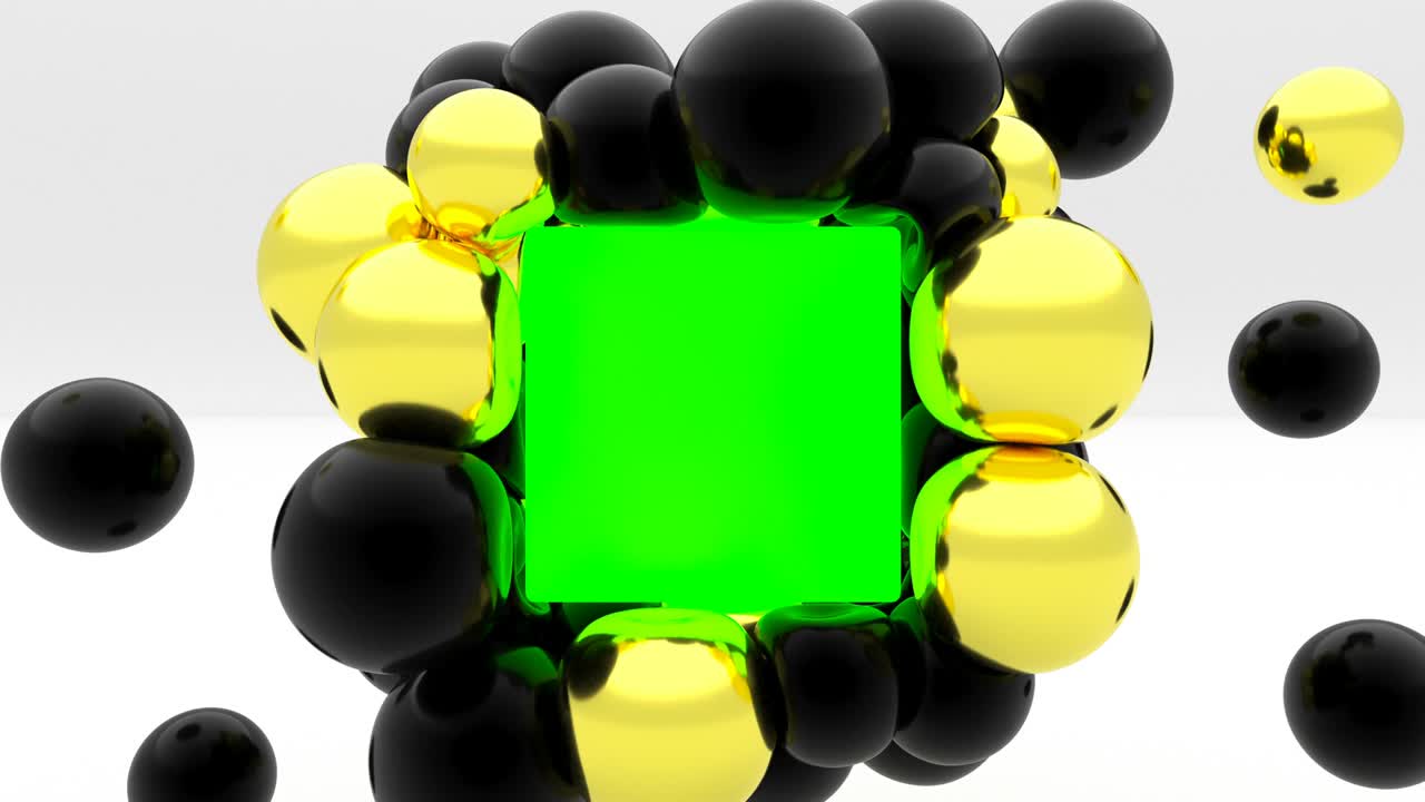 초록색 상자에 충돌하는 검은색 부드러운 몸 구 3d 세련된 미니멀리즘 커버 영상 4k