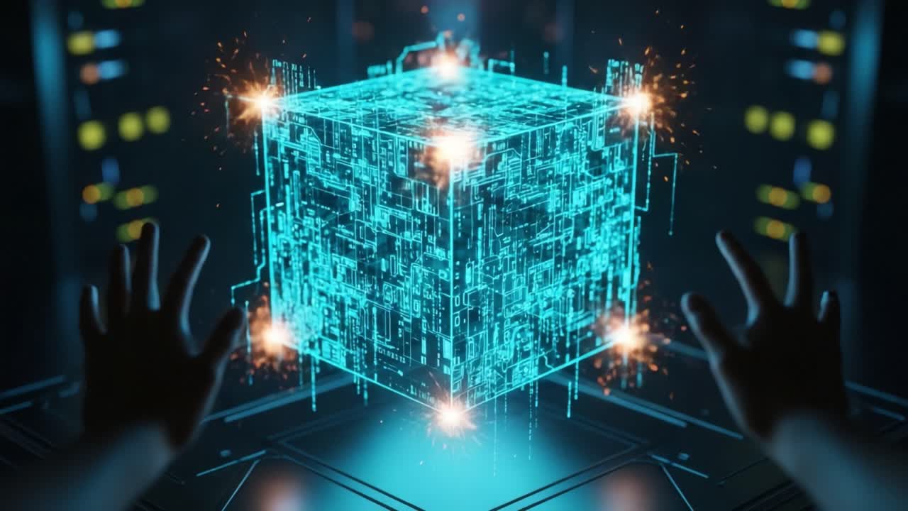 A Futuristic Digital Cube Surrounded by Sparks: A Glimpse into Advanced Technology and Virtual Reality Captured in Two Distinct Frames