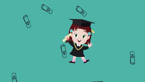 animation of degree icons falling over graduated girl icon against copy space on blue background