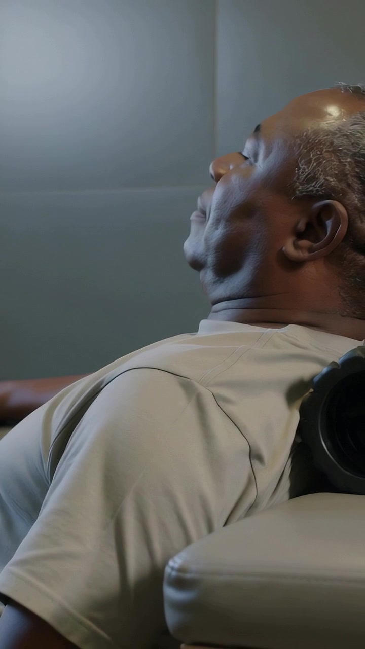 Vertical video: Leaning senior man tilting head back as foam roller pressing into neck in clinic