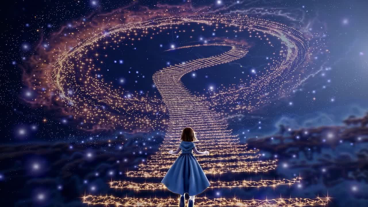 우주를 가로질러 상승하는 황금 계단, 빛나는 포털을 향해 인도하는 여성 인물, 영적 여정과 우주의 신비한 차원의 초월적 탐구를 나타니다.