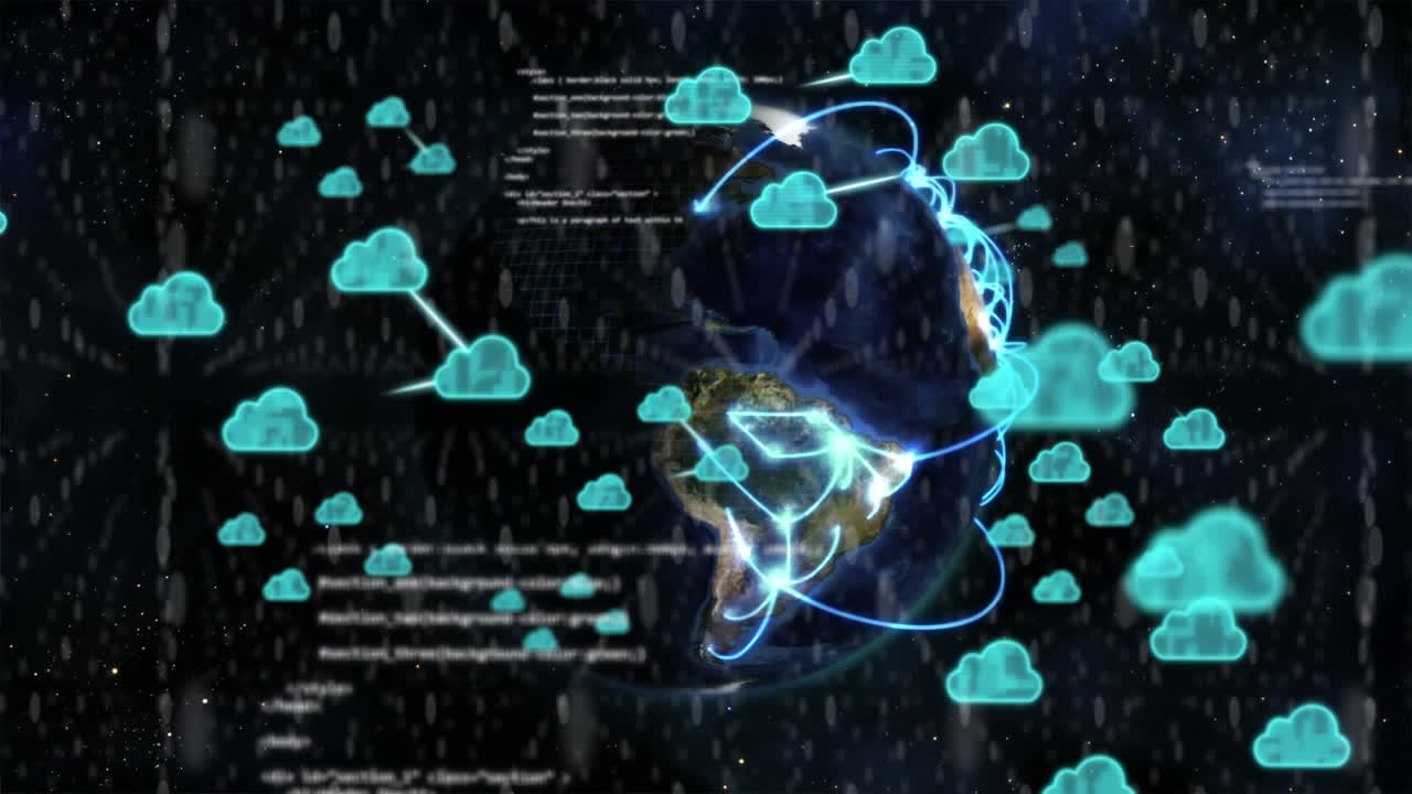 animación de iconos de nubes y procesamiento de datos en todo el mundo