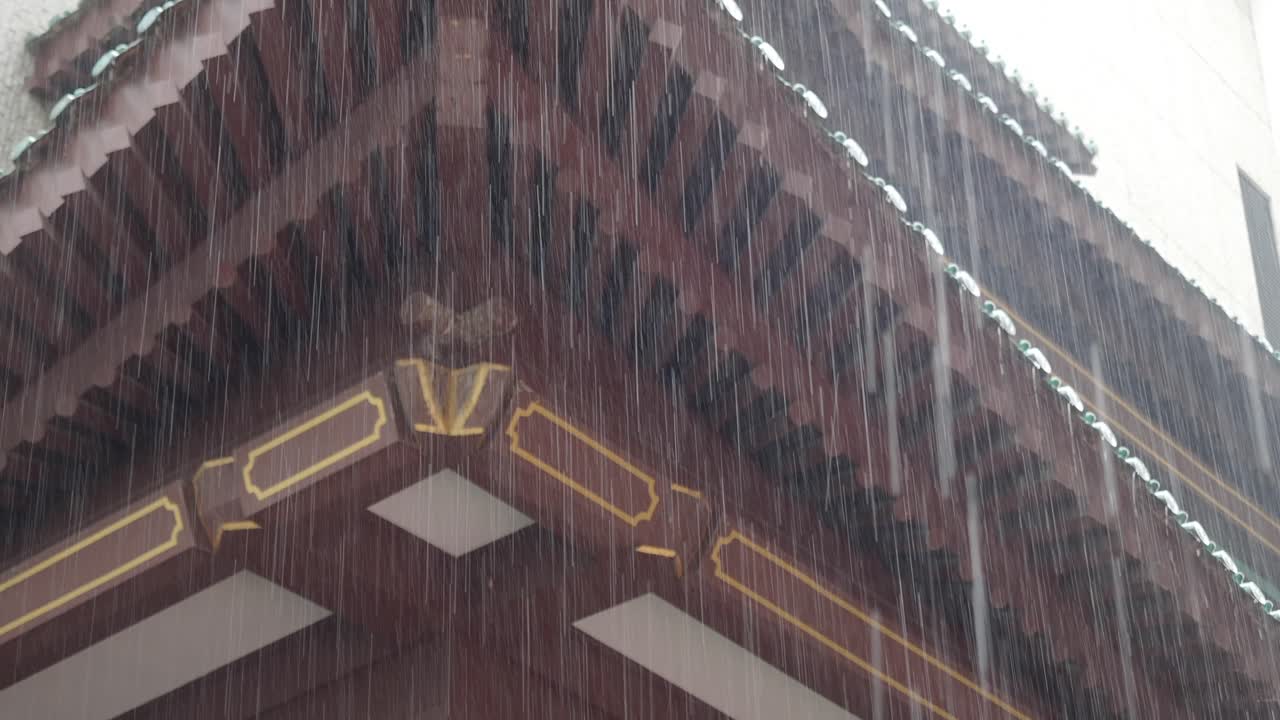 A building in the rain