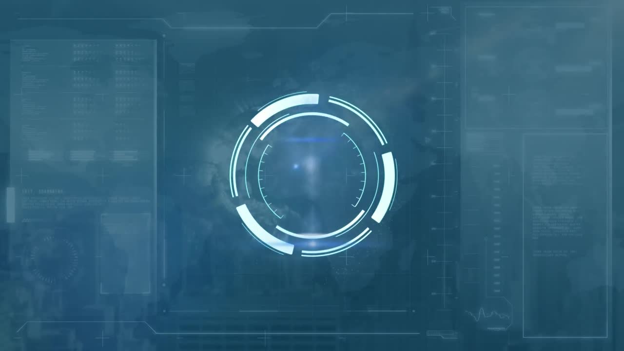 Round scanner over globe spinning against digital interface with data processing on blue background