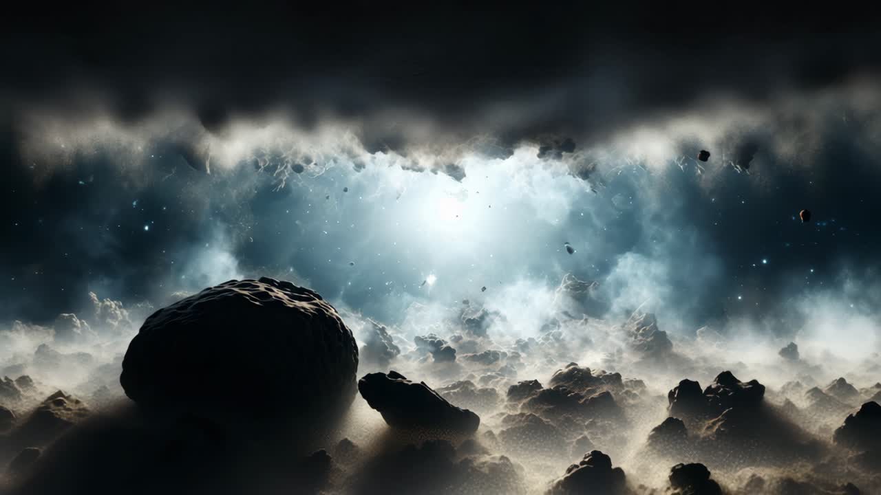 Kosminen videokohtaus, jossa on laajakulmakuva hehkuvasta sumusta ja asteroideista.