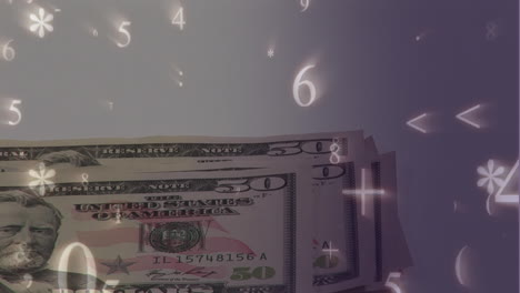 mathematical symbols against person counting american dollars falling