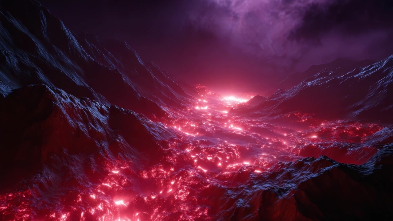 Una rappresentazione mozzafiato di un vivido fiume di lava incandescente che scorre attraverso montagne aspre sotto un drammatico cielo viola pieno di nuvole vorticose e un'illuminazione minacciosa.