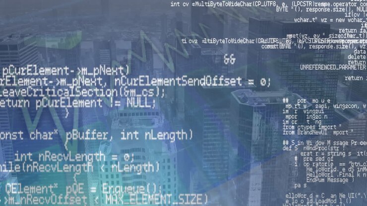 Animation of screens with data processing over office desk against cityscape