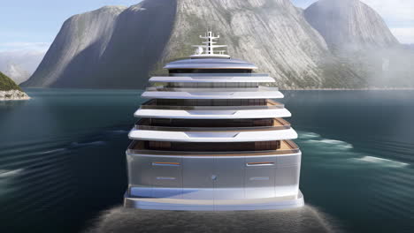 luxury yacht navigating a fjord with majestic mountains